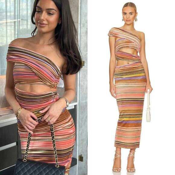 Ronny Kobo Multicolor Striped Velvet Cutout Midi Dress- Size L - Picture 2 of 8